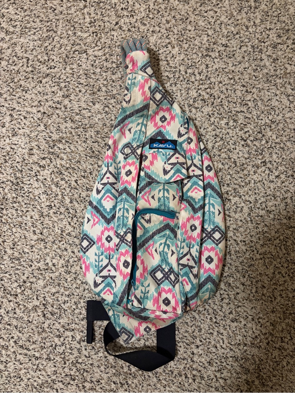 KAVU Women's Teardrop Sling Bag in Teal Pink Aztec